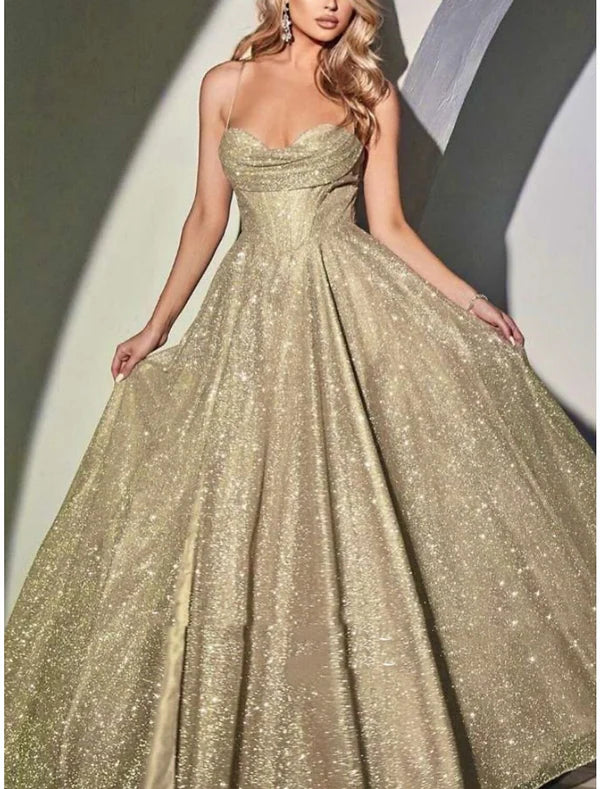 Luolandi A-Line Evening Gown Elegant Dress Formal Court Train Sleeveless Spaghetti Strap Sequined with Glitter Pleats Ruched Sparkly